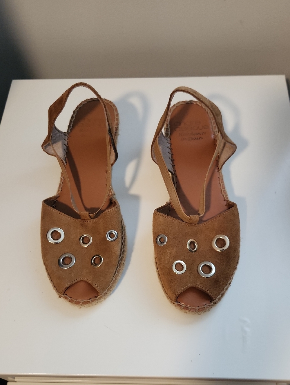 Andre Assous Brown Suede Peep-Toe Slingback Espadrilles with Silver Eyelets
